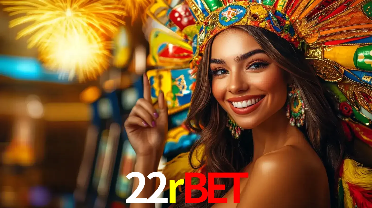 Mulher sorridente com um cocar de carnaval vibrante e colorido, celebrando uma grande vitória nos jogos do cassino 22rbet com fogos de artifício ao fundo.