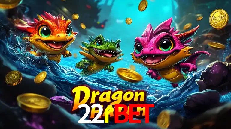 Arte promocional do jogo Dragon Hatch com três adoráveis dragões bebês nadando entre moedas de ouro, um dos slots mais divertidos para jogar no cassino 22rbet.