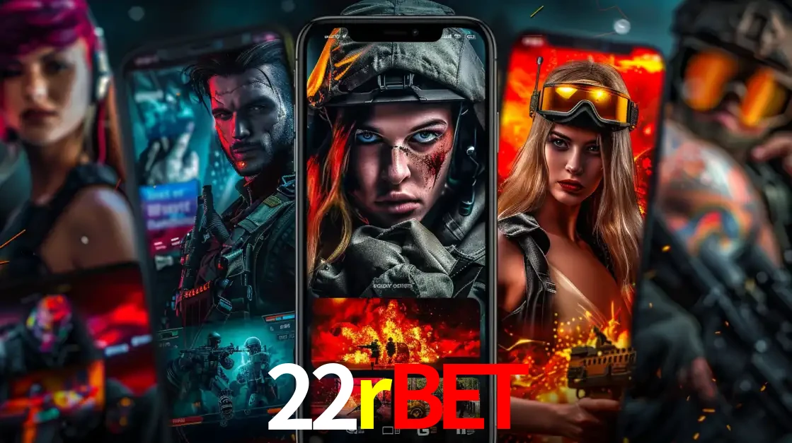 Montagem de telas de celular mostrando diversos personagens, masculinos e femininos, de um jogo de tiro, ilustrando a diversidade de equipes de e-sports para apostar no 22rbet.