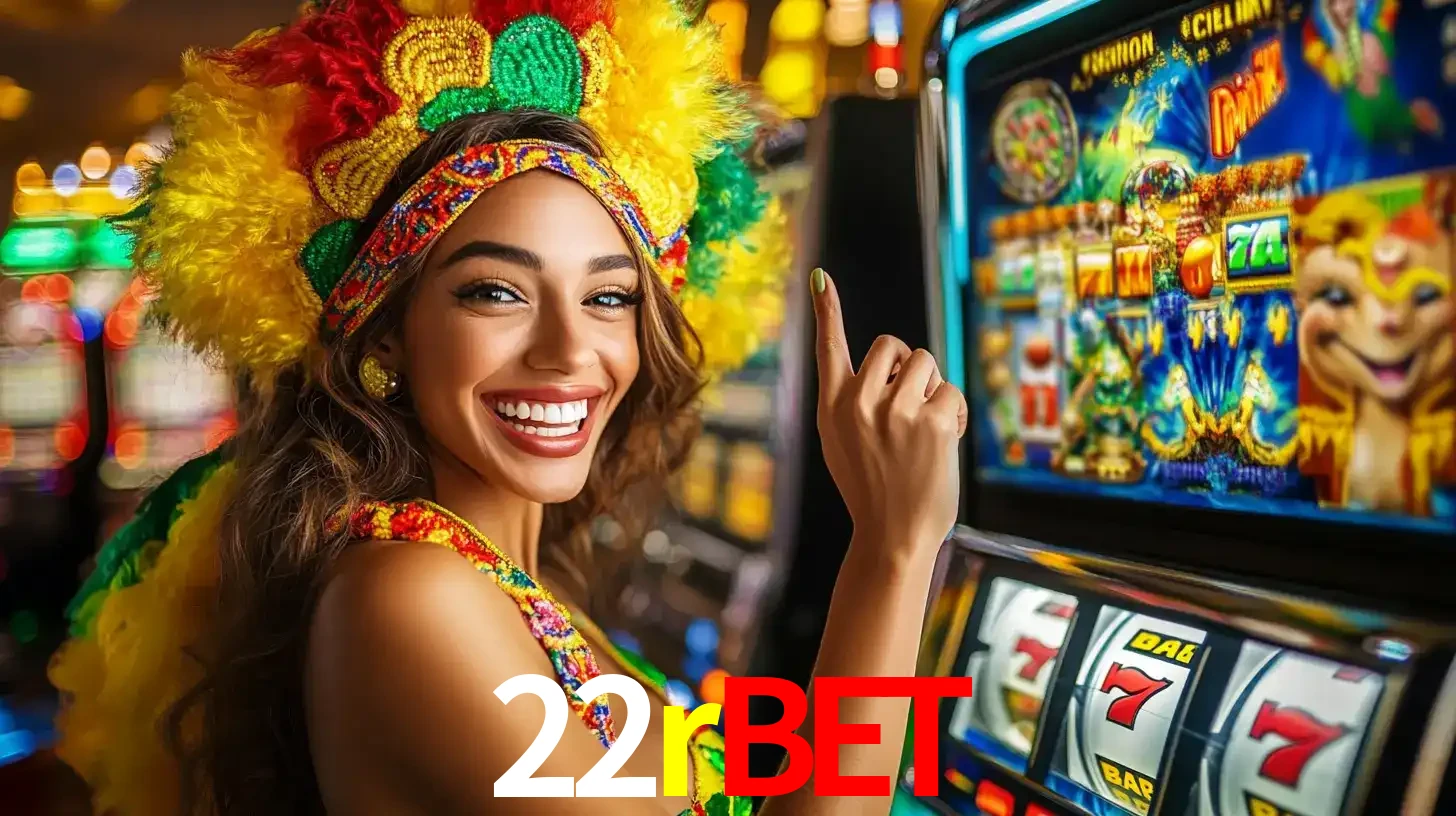 Mulher animada com um cocar de carnaval apontando para uma máquina de caça-níqueis, mostrando a emoção de ganhar um grande prêmio nos jogos do 22rbet.