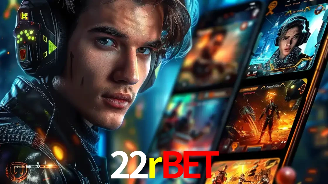 Jovem jogador com fones de ouvido olhando para a câmera, com um aplicativo de jogos e e-sports para celular ao fundo, pronto para a competição e apostas no 22rbet.