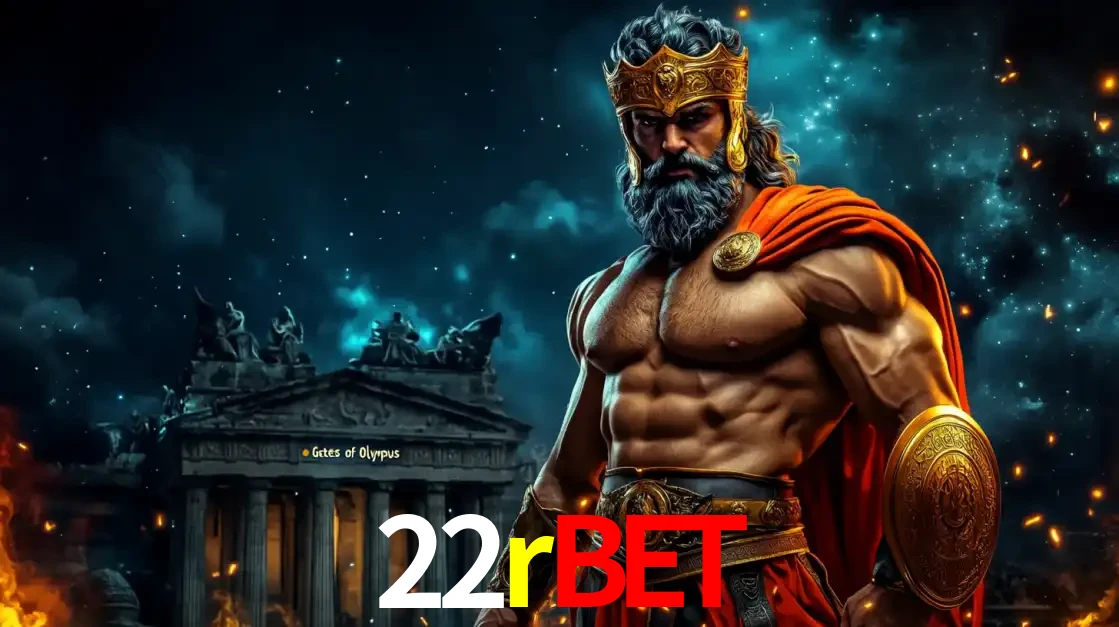 O poderoso Zeus do jogo de slot Gates of Olympus em frente ao seu templo, pronto para lançar multiplicadores divinos e prêmios épicos no cassino online 22rbet.