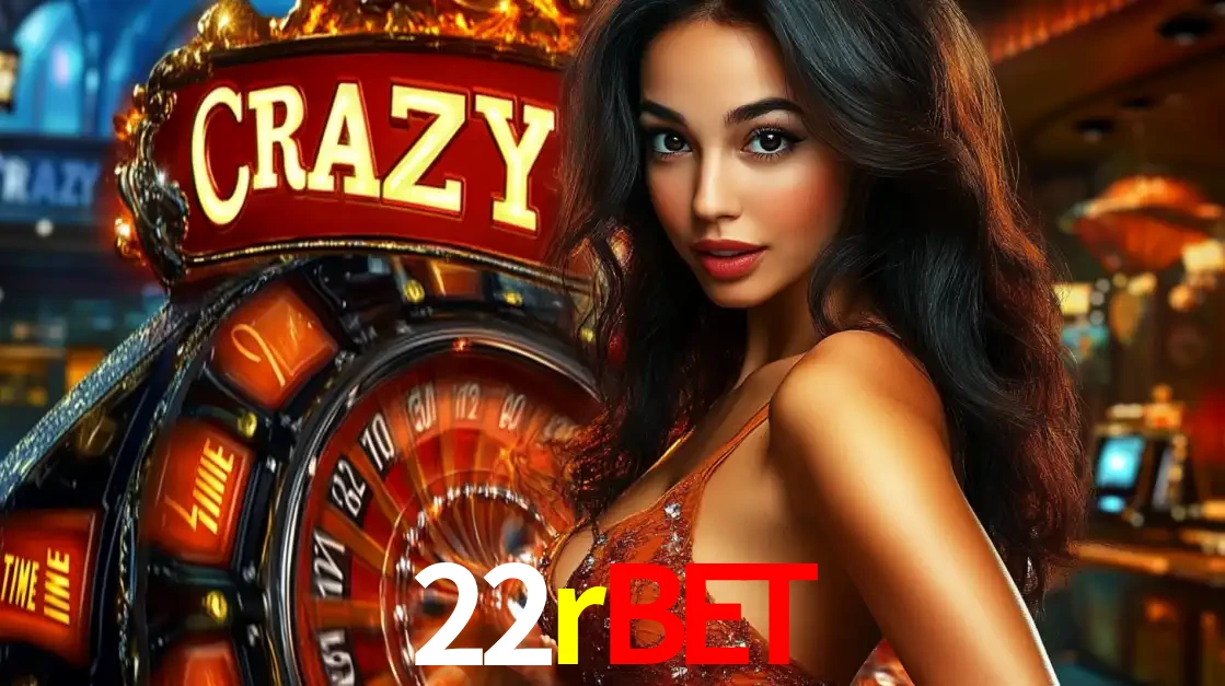 Mulher glamourosa olhando para a câmera com a roda vermelha do Crazy Time ao fundo em um ambiente de cassino, destacando a emoção dos jogos ao vivo no 22rbet.