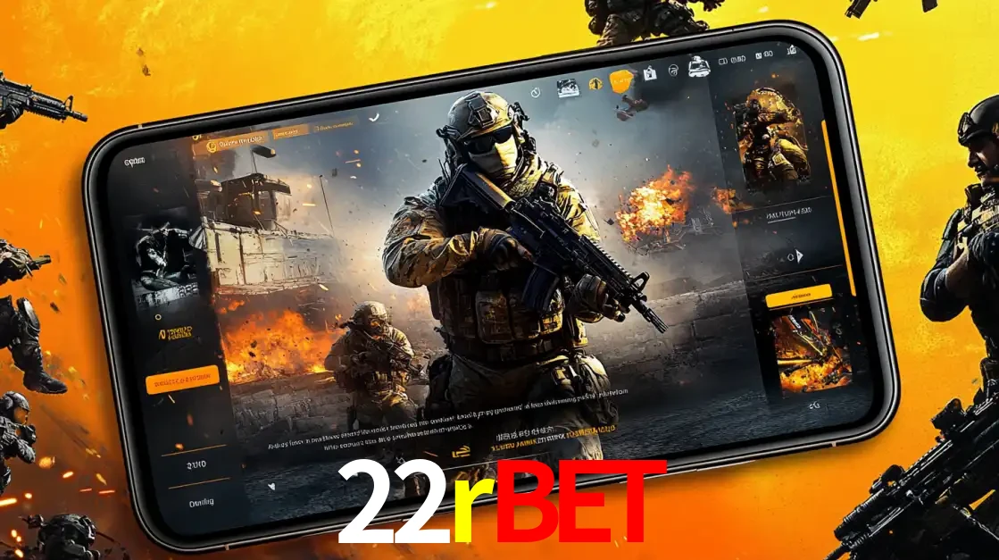 Um smartphone exibindo a interface de um jogo de tiro em primeira pessoa, com um soldado em um cenário de batalha, representando a ação dos e-sports para apostar no 22rbet.