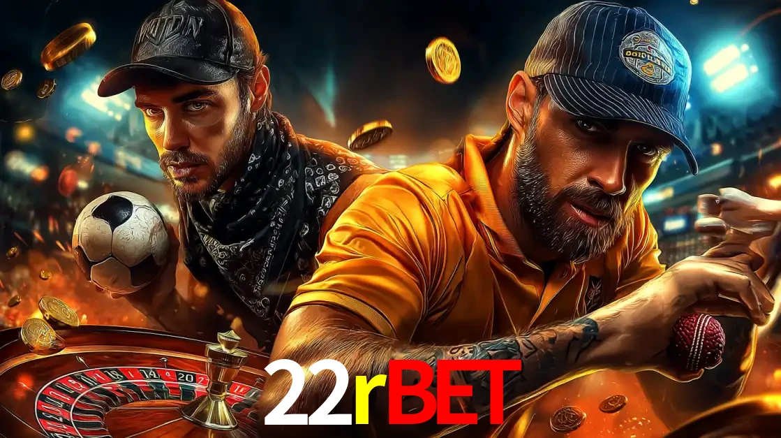 Montagem de apostas esportivas e cassino no 22rbet, com um homem segurando uma bola de futebol e outro uma de beisebol sobre uma roleta e moedas voadoras.