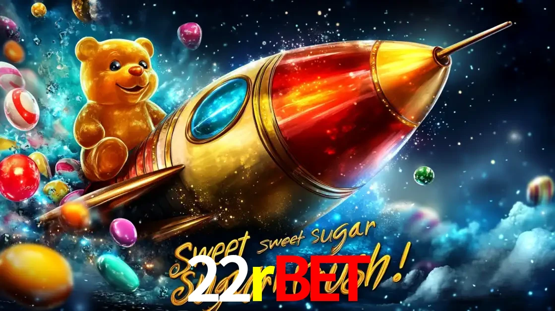 Arte promocional do jogo de slot Sugar Rush, com um urso de pelúcia em um foguete viajando pelo espaço de doces, um dos jogos divertidos disponíveis no cassino 22rbet.