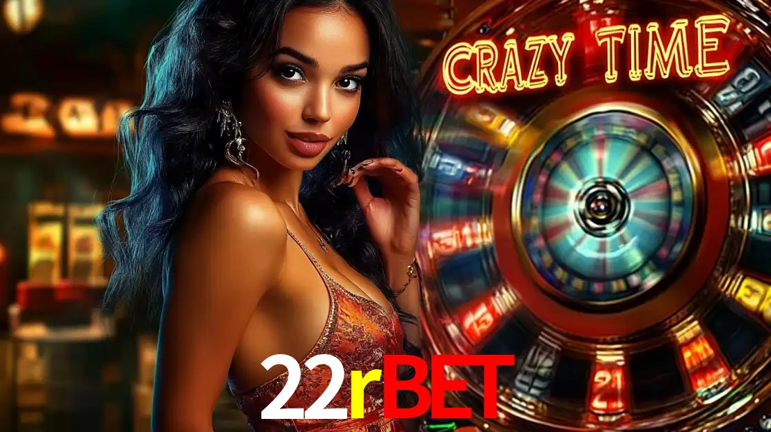 Mulher elegante ao lado da vibrante roda da fortuna do jogo de cassino ao vivo Crazy Time, um dos game shows mais populares e cheios de prêmios do 22rbet.