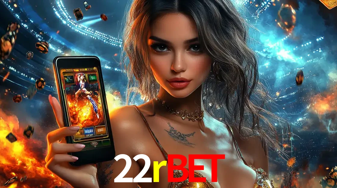 Mulher segurando um celular com um jogo de slot em destaque, tendo como fundo um estádio vibrante, simbolizando a emoção de jogar no cassino móvel 22rbet.