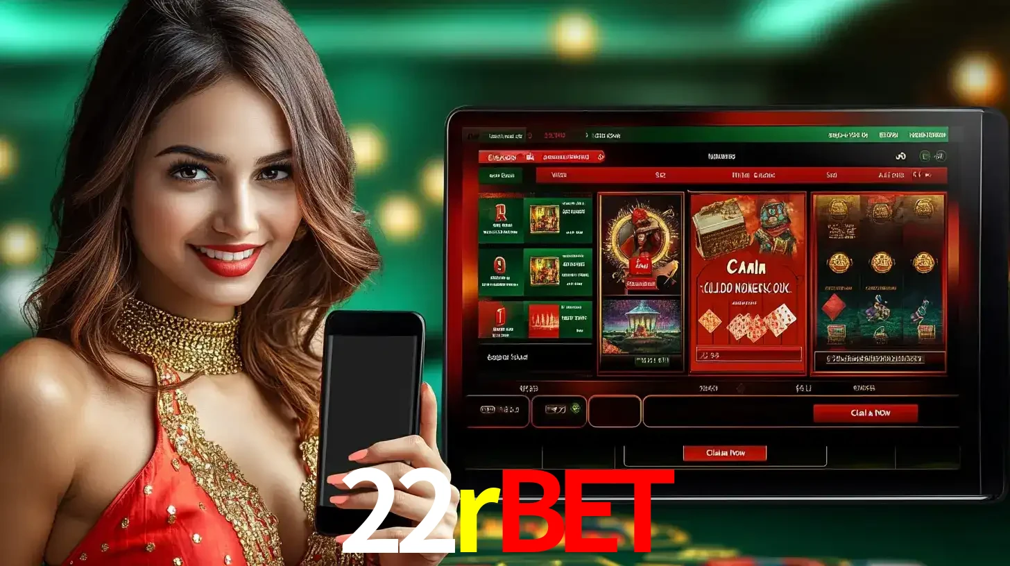 Mulher sorridente segurando um smartphone, ao lado de uma tela exibindo o lobby de jogos do cassino online 22rbet, com várias opções de jogos de cartas e slots.